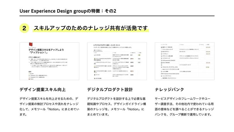 User Experience Design groupの特徴 その2、スキルアップのためにナレッジ共有が活発です。3つの例を紹介。1、デザイン提案スキル向上。2、デジタルプロダクト設計。3、ナレッジバンク。