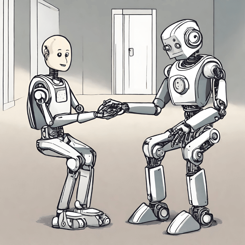 人型のロボットが、項垂れているロボットの手をそっと握っているイラスト
