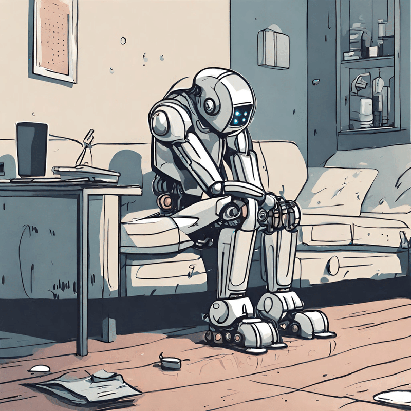 ソファに座った人型のロボットが肩をすぼめて下を向き、落ち込んでいるようなイラスト