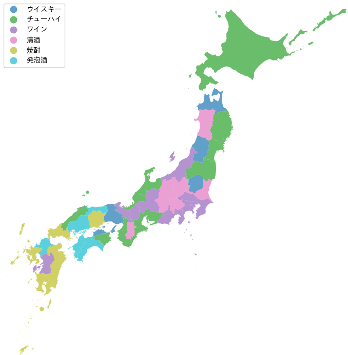 日本地図をよく飲まれるお酒で色分けしたマップ