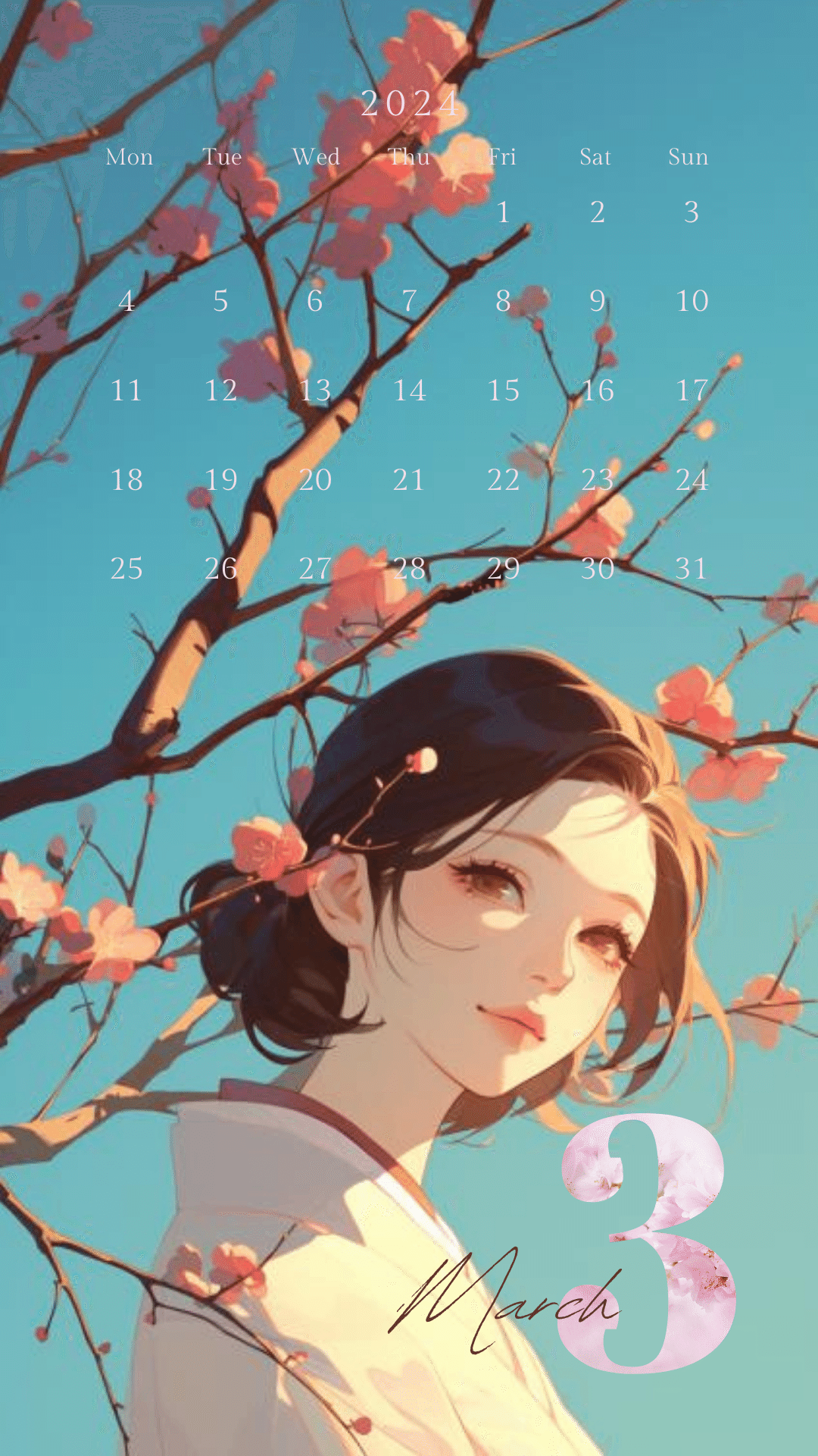 カレンダー2024年3月［スマホ壁紙・6枚］｜黒崎澪, image size:1080x1920