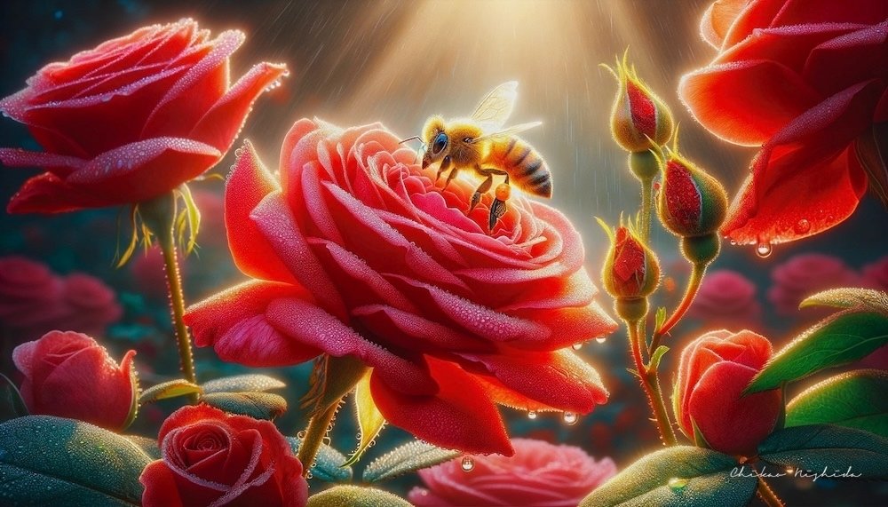 DALL-Eが描く、ニホンミツバチと薔薇の花。｜西田親生_企業戦略