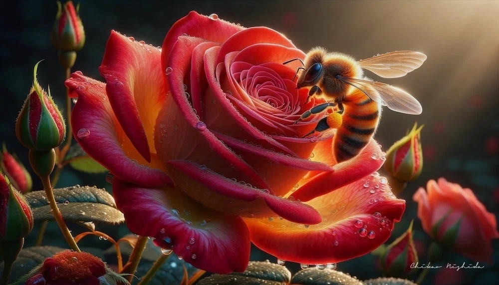 DALL-Eが描く、ニホンミツバチと薔薇の花。｜西田親生