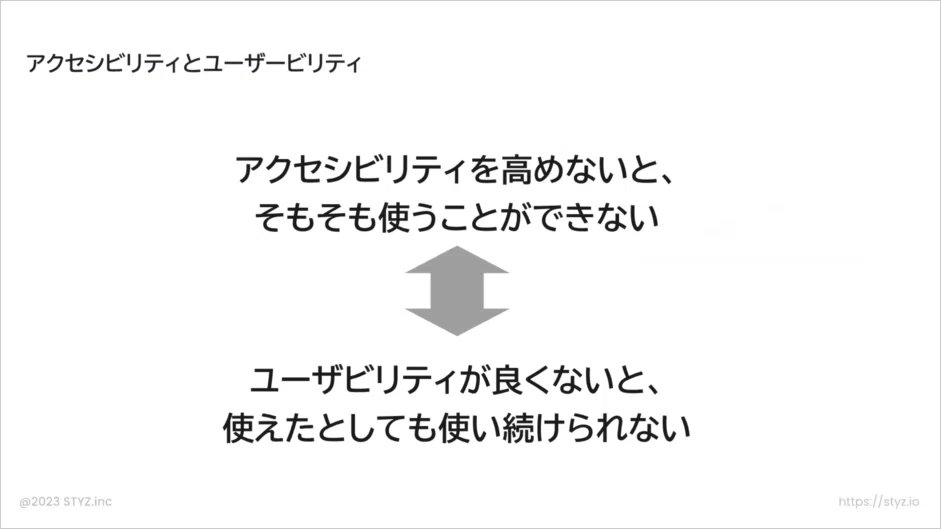 アクセシビリティとユーザビリティはどちらか片方だけではなく、どちらも大切。両方対応していかなければならない。