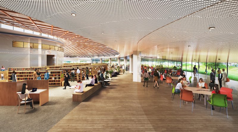 施設の内部イメージ。図書館と集いのスペース、外の広場がなだらかに融合するような設えです。