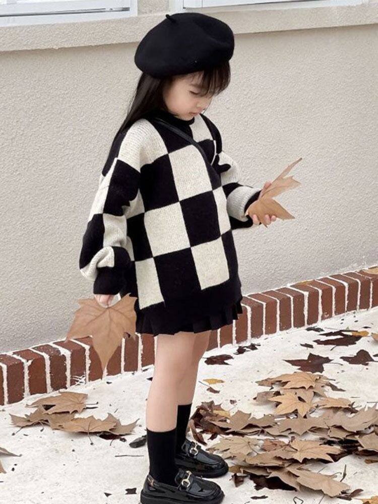 子供服] スタイリッシュモノクロブロックタイルデザインニット 韓国