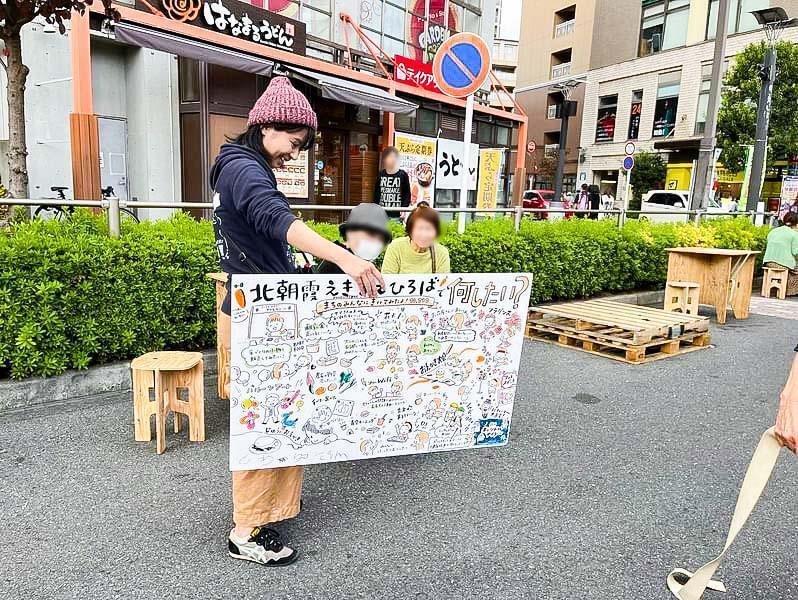 朝霞市のまちづくりイベントでのグラレコ実績。リアルタイムで描くにぎやかなイラスト。