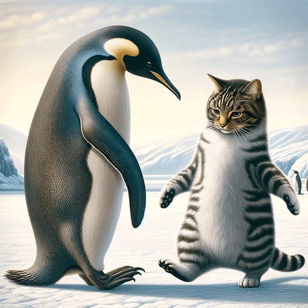 ペンギンネコアアム追加写真確認用 DALL·E ペンギンの真似をする猫｜ねこ鉄道（jae02546）