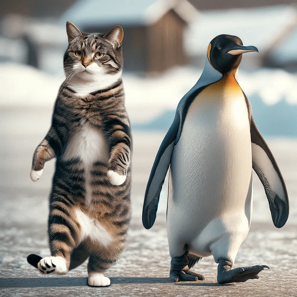 DALL·E ペンギンの真似をする猫｜ねこ鉄道（jae02546）