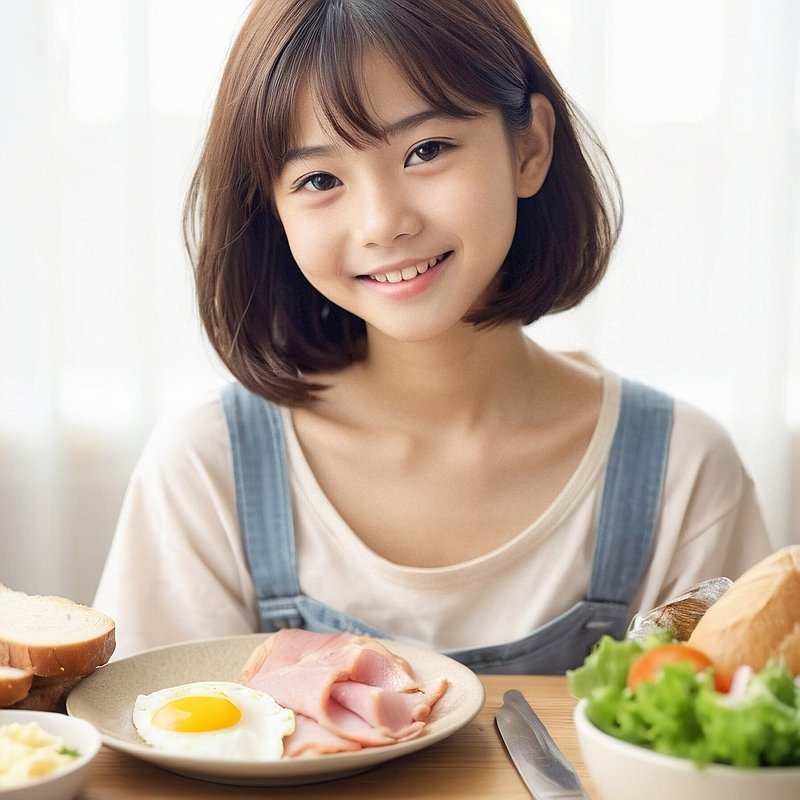 朝食2・ハムエッグ・パン・牛乳・美女・美人・女性・人物・食べ物　AI画像生成、無料（フリー写真・フリー素材・フリー画像）
