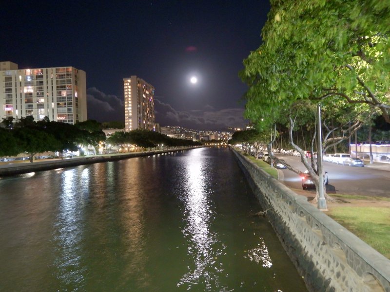 夜のアラワイ運河を照らす月