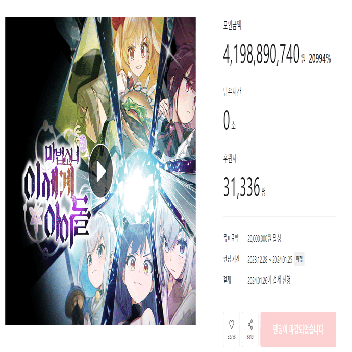 魔法少女異世界アイドル」のwebtoonがtumblbugで書籍化のために日本円