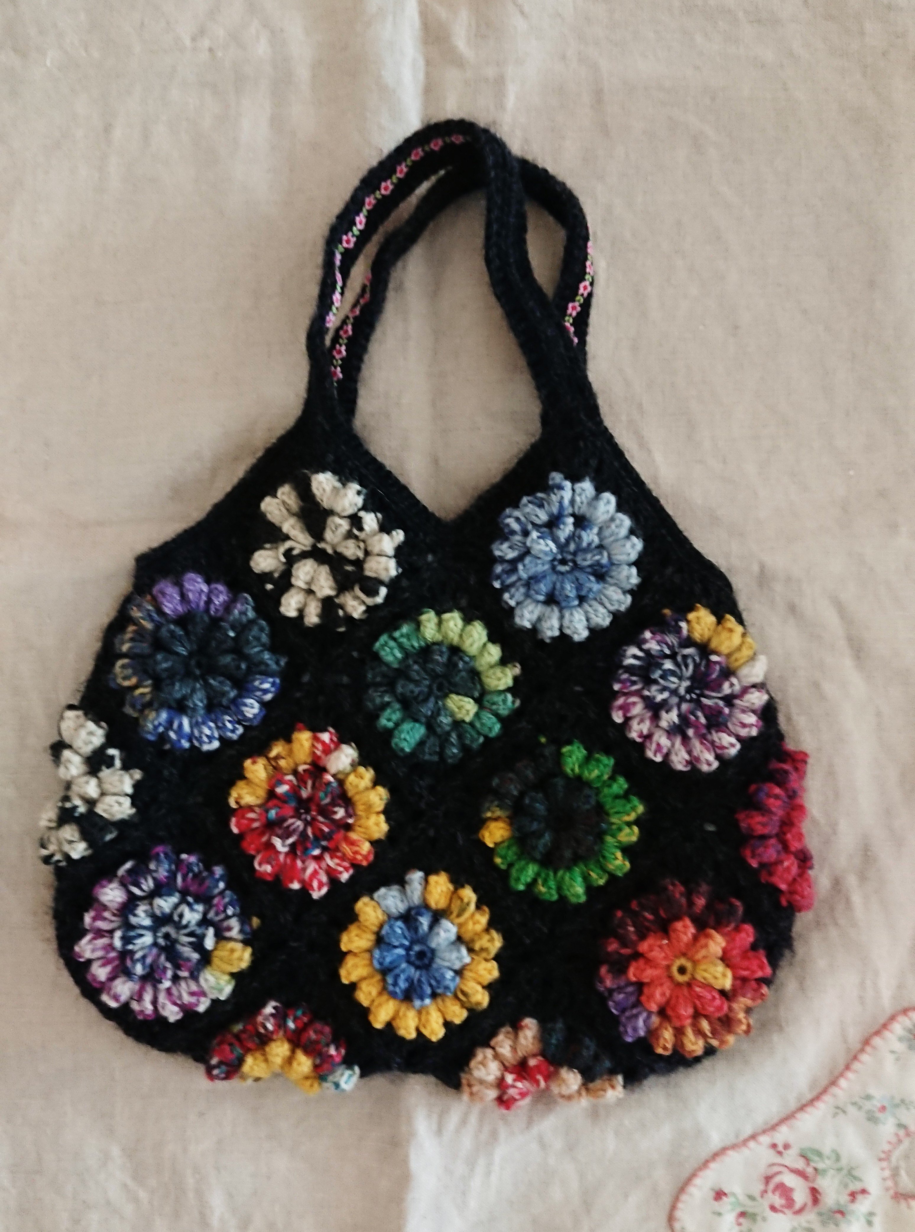 グラニーバッグ 水色 花柄 モチーフ編み かぎ針編み 編み図】デイジー