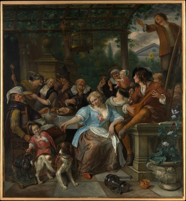 今日のアート占い 「一時の成功に酔いしれてはいけない。節度と計画性を持って生活すること」  17世紀オランダは繁栄を極め、普通の家庭もこんなふうに絵を注文することができるくらい裕福でした。 そして、酔いが覚めるように17世紀終わりにはオランダの繁栄も翳ります。 ある意味自戒を込めたような作品。 一番左に描かれた変な帽子の顔の赤い人は作者のヤン・ステーンです。