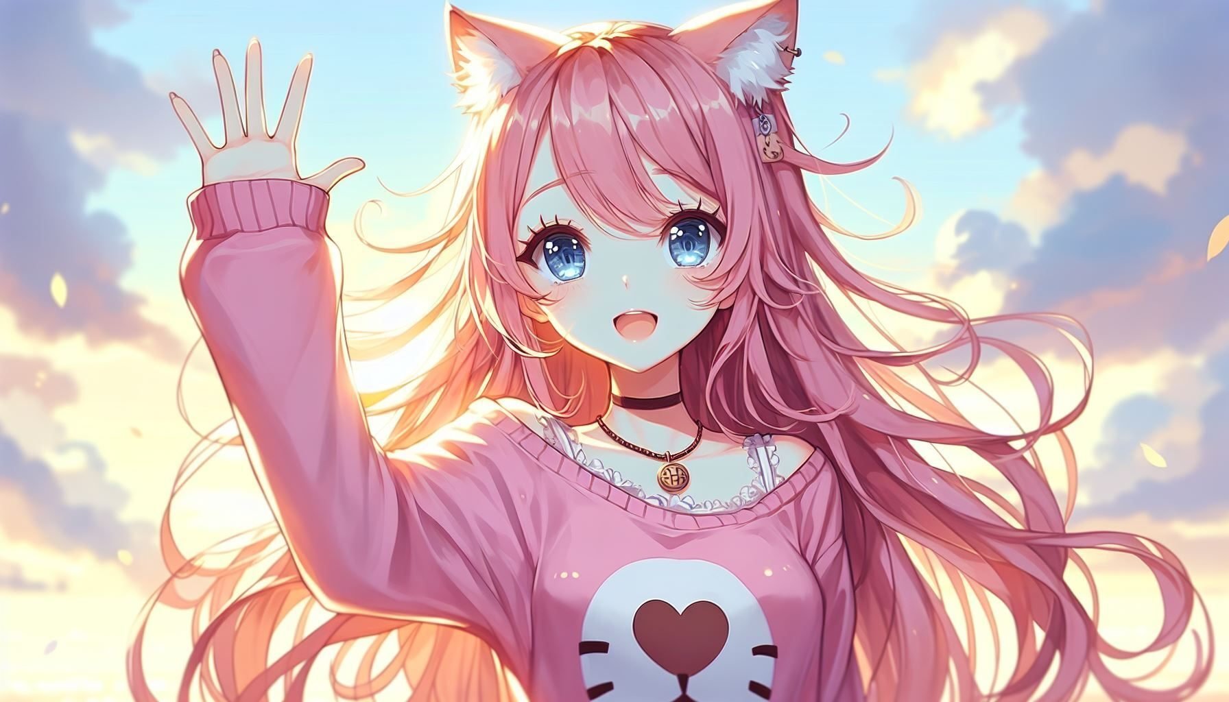 手を上げているピンク髪の猫耳ちゃん｜kazunari