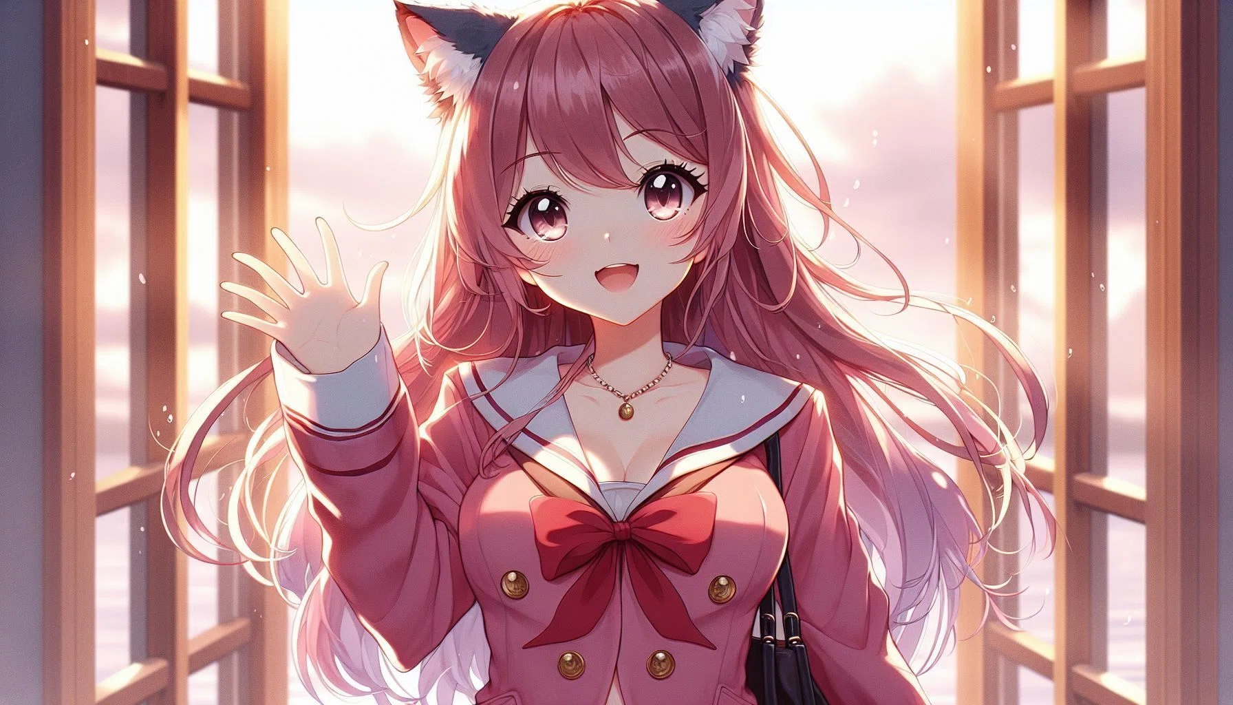 手を上げているピンク髪の猫耳ちゃん｜kazunari_フォロバ100%