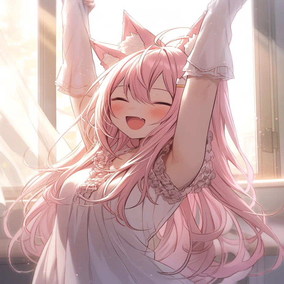 手を上げているピンク髪の猫耳ちゃん｜kazunari_フォロバ100%