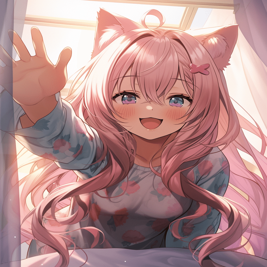 手を上げているピンク髪の猫耳ちゃん｜kazunari_フォロバ100%