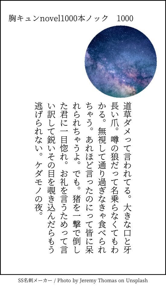 道草ダメって言われてる。大きな口と牙長い爪。噂の狼だって名乗らなくてもわかる。無視して通り過ぎなきゃ食べられちゃう。あれほど言ったのにって皆に呆れられちゃうよ。でも。猪を一撃で倒した君に一目惚れ。お礼を言うためって言い訳して鋭いその目を覗き込んだらもう逃げられない。ケダモノの夜。