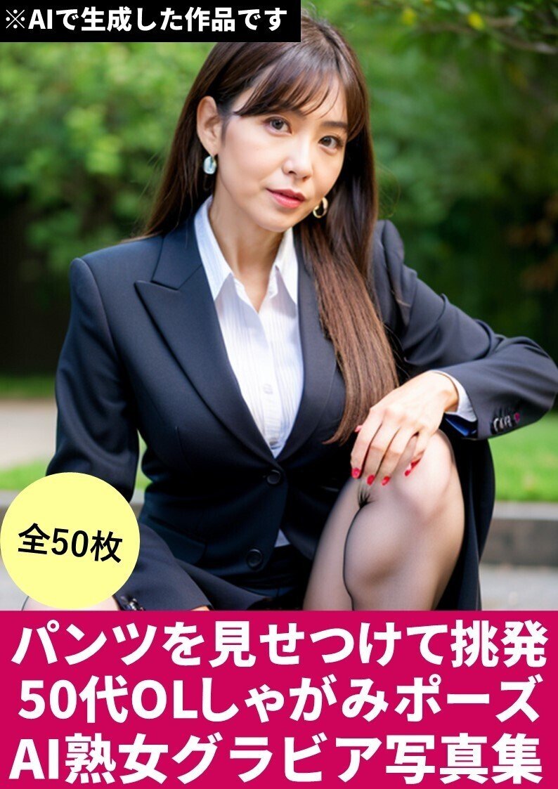 生成AI　パンツ被り　熟女 パンツを見せつけて挑発【50代OLしゃがみポーズ】AI熟女グラビア写真集(50枚)「呪文(プロンプト)付き」｜AI熟女ハンター