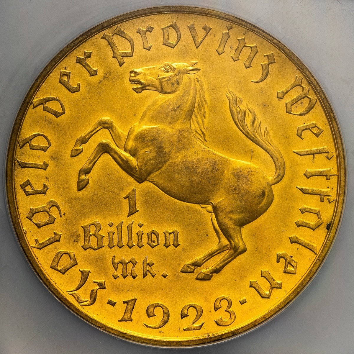 2001年(1923) 1兆マルク緊急貨 ギルト 銀貨 リストライク (Westfalen 1 Billion Mark 1923 Restrike  2001 Vergoldet Silver)｜オーライズドコイン