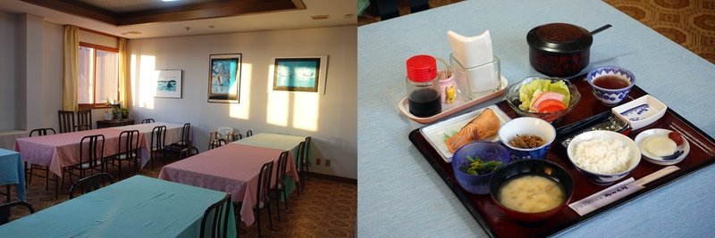 食事会場と朝食の写真