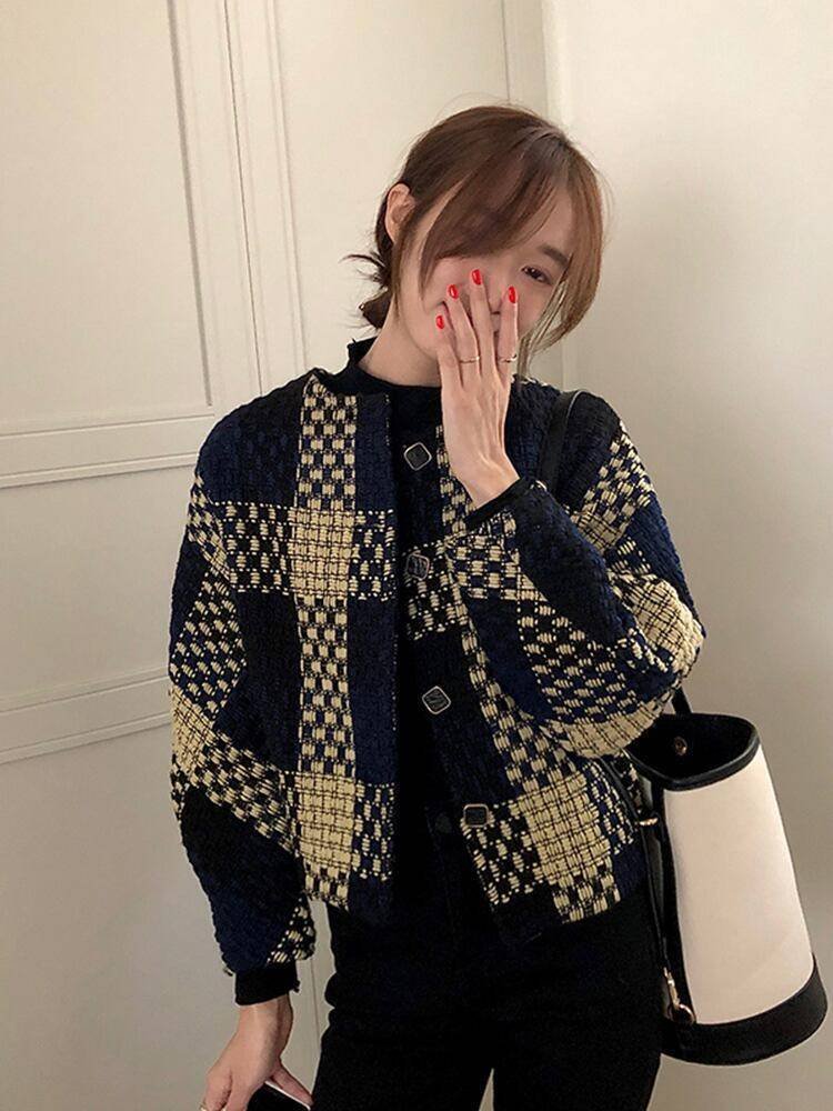 シックなツイードコントラストチェック柄ショートコート 韓国 84643883  