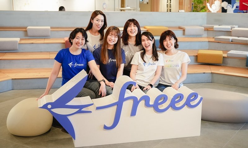 freeeのasobibaにて撮影した集合写真。freeeのロゴの後ろに左から辻本、品田、襲田、孝橋、小泉、吉村が並んで笑っている。