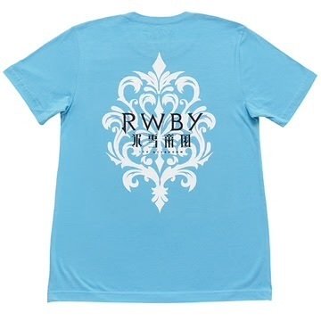 Rooster Teethの公式ストアで売られているTシャツ。エンブレムの上から「RWBY 氷雪帝国」と横書きされている。