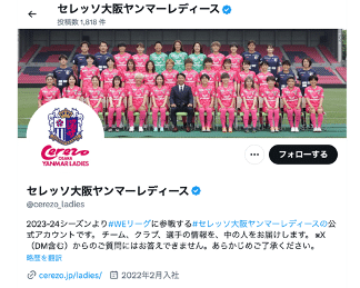 セレッソ大阪ヤンマーレディース公式 X/Twitter アカウントのトップ画像。監督、選手、スタッフの集合写真とクラブのロゴが表示されている。