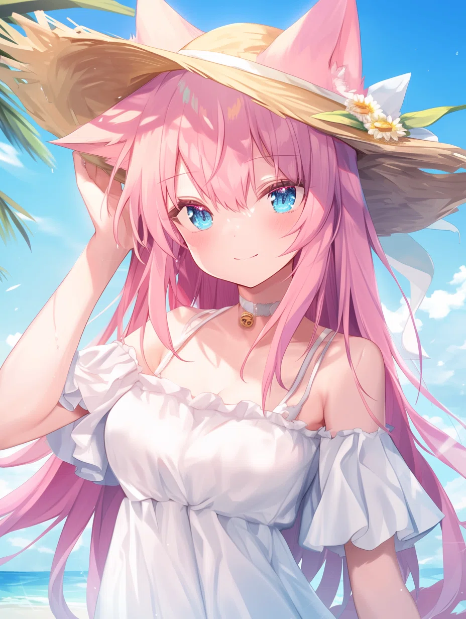 夏の麦わら帽子のピンク髪の猫耳ちゃん｜kazunari_フォロバ100%