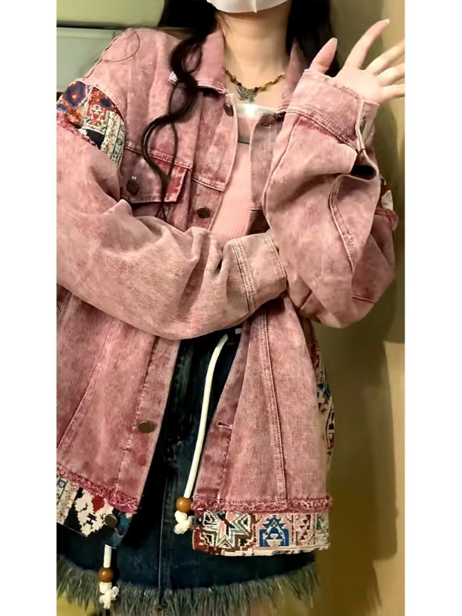 ビンテージ風ワンポイントデザインピンクデニムシャツジャケット 韓国