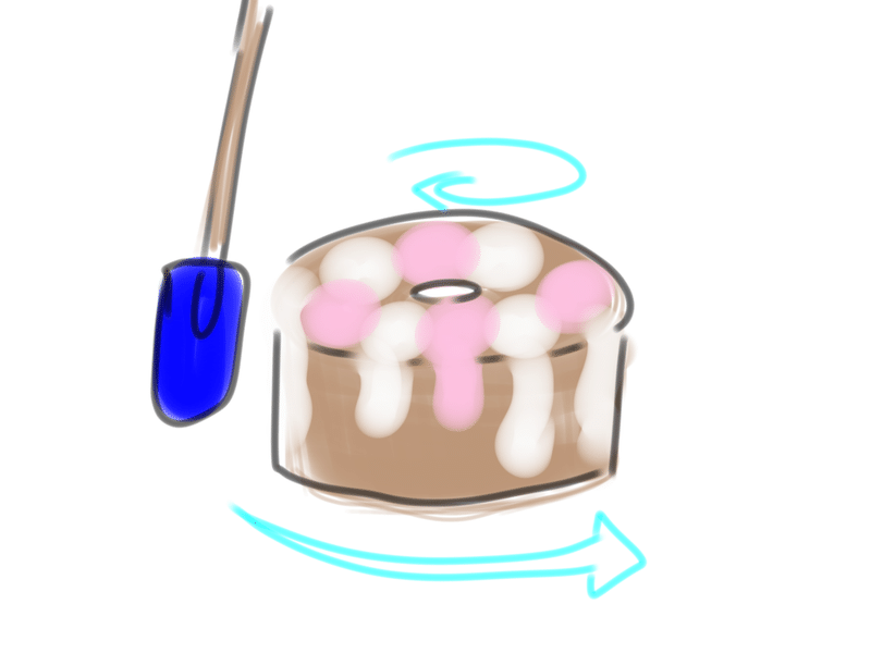 ケーキの上にピンクと白のクリームを乗せてゴムベラで塗っているイラスト