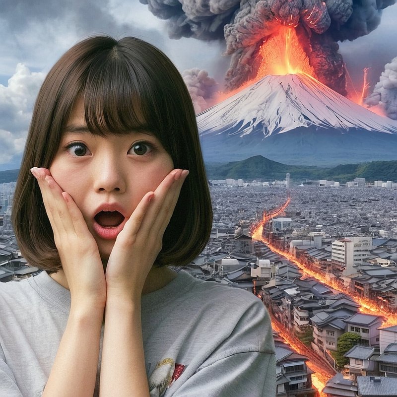 富士山・富士山噴火・美女・美人・女性・人物　AI画像生成、無料（フリー写真・フリー素材・フリー画像