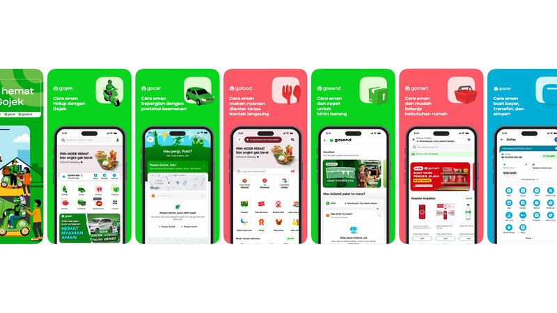 Gojekのアプリのスクショが並びました。Gojek, Gocar, Gofood, Gosend, Gomart, Gopay, ６つのサービスを展開。