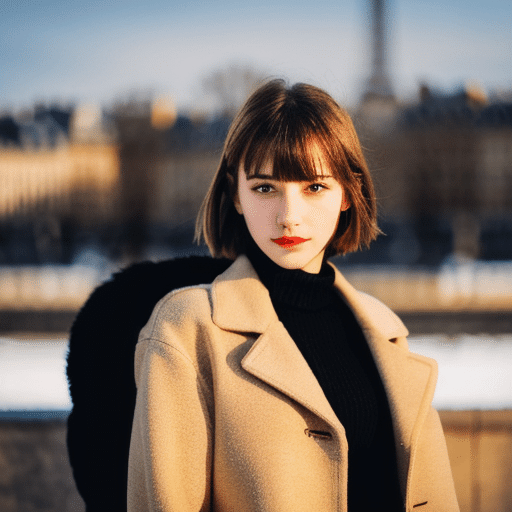 youth,1girl,looking at viewer, full body,jewelry, necklace, realistic, brown hair, blurry background, blurry,bangs, black eyes,paris,fashion,peoples in background, winter coat, dynamic pose, motion blur, Warm sun,Winter,snow,
