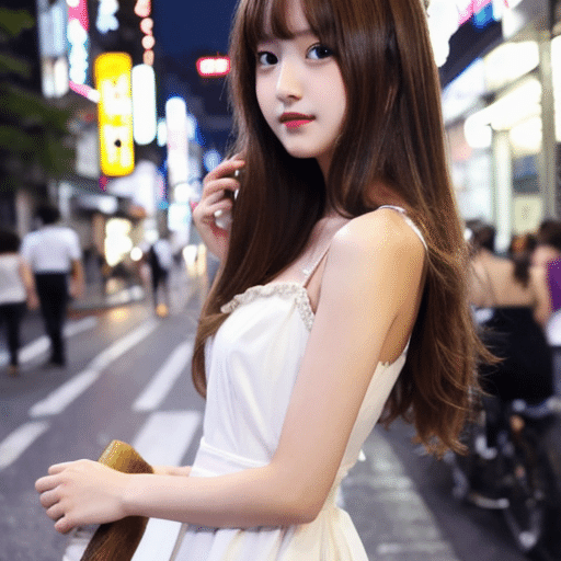 masterpiece,best quality,1girl,bishoujo,upper_body, tokyo night, long hair, brown hair, wear white summer dress