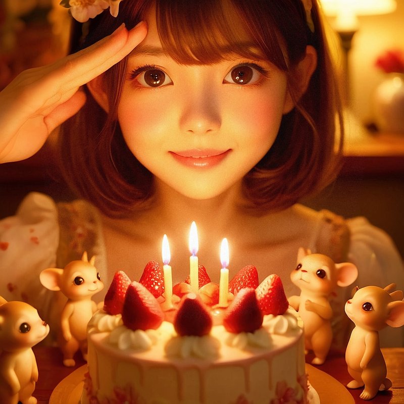 誕生日・誕生日ケーキ・敬礼・美女・美人・女性・人物　AI画像生成、無料（フリー写真・フリー素材・フリー画像）01