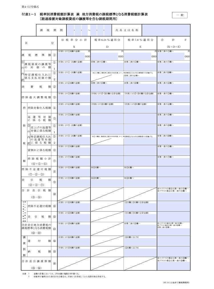 入力用PDF】付表1-1 税率別消費税額計算表 兼 地方消費税の課税