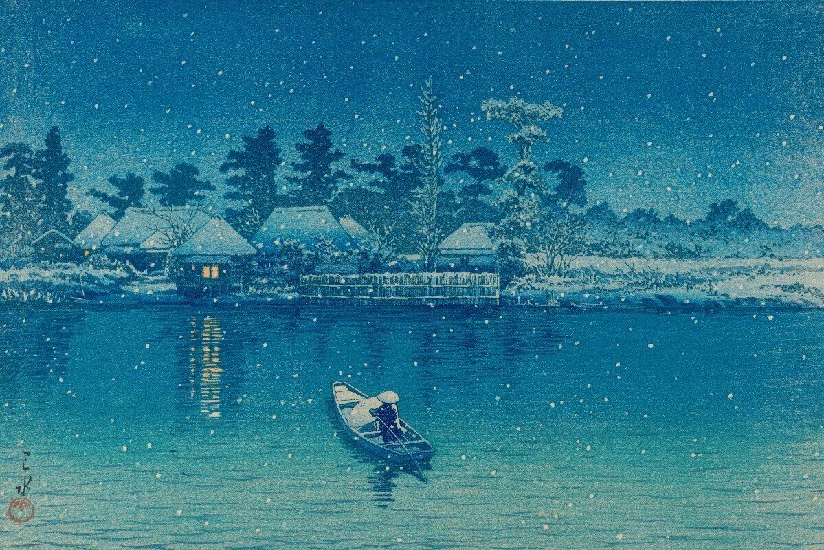 川瀬巴水 「船堀の雪」 昭和7年 木版画 状態(優良) 本物保証 後摺 川瀬巴水 「船堀の雪」 昭和7年 木版画 状態(優良) 本物保証 後