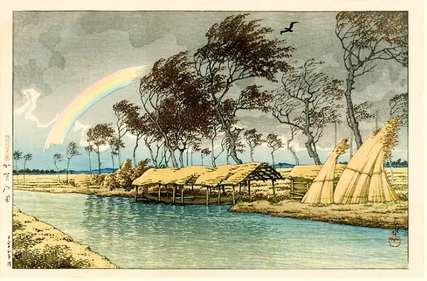 川瀬巴水 「夜の池畔（不忍池）」 昭和7年 木版画 状態(優良) 本物