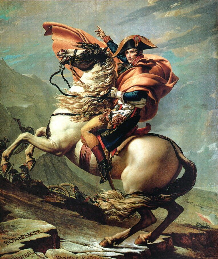 「サン・ベルナール峠のナポレオン」ルイ・ダヴィッド： 今日のアート占い 「ここぞという時は、大袈裟くらいに自分を大きく見せるのを恥ずかしがらないで」言わずと知れたナポレオンの勇姿。イタリアへフランス軍を率いた姿