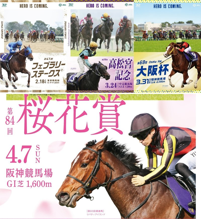 今年度に掲出されたG1ポスターを列べた画像。フェブラリーS・高松宮記念・大阪杯・桜花賞。