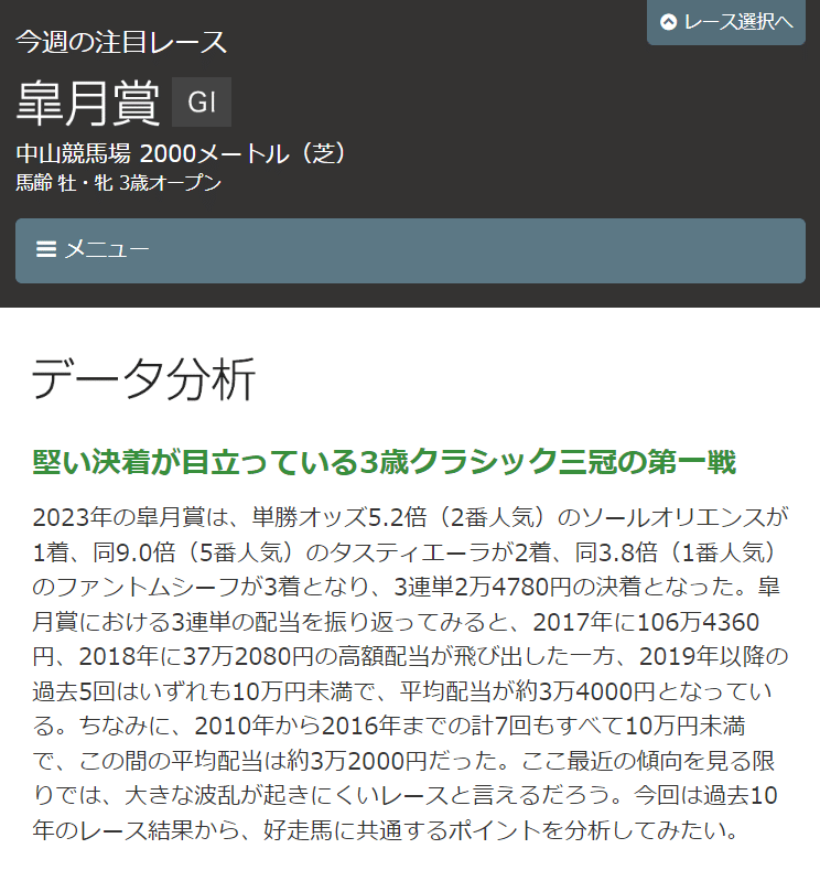 JRA公式HP「今週の注目レース」の「2024皐月賞」画像。