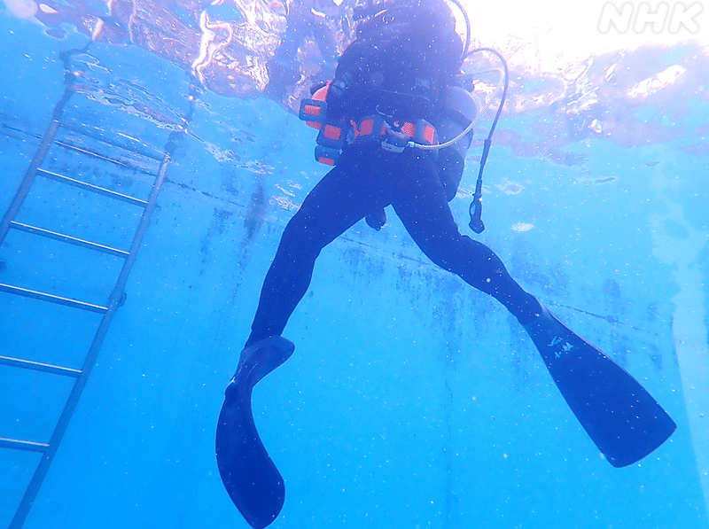 プールの底から見上げた上に、40センチほどの黒いフィンをはいた人の足が見えている。