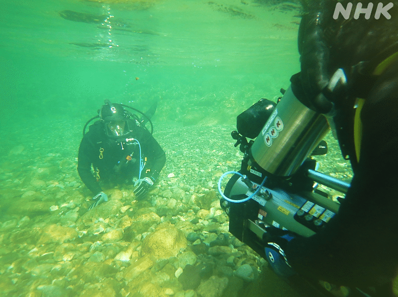 砂利の水底にはらばいになる望月アナが、画面手前にいる潜水カメラマンのカメラの方を向いている。
