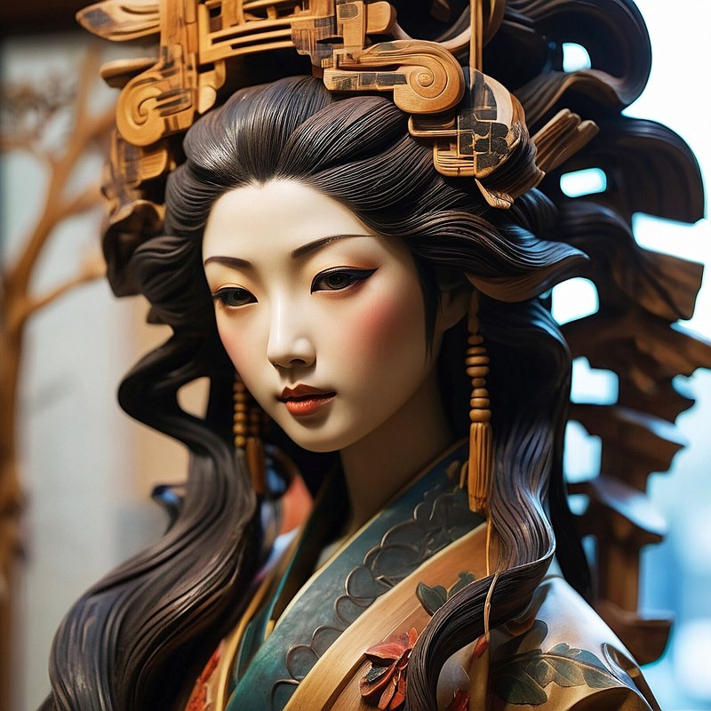 日本人美人,工芸品,フリー写真,木工彫刻,美術品,美人,女性,美女・人物,AI画像生成,無料（フリー素材,フリー画像）01