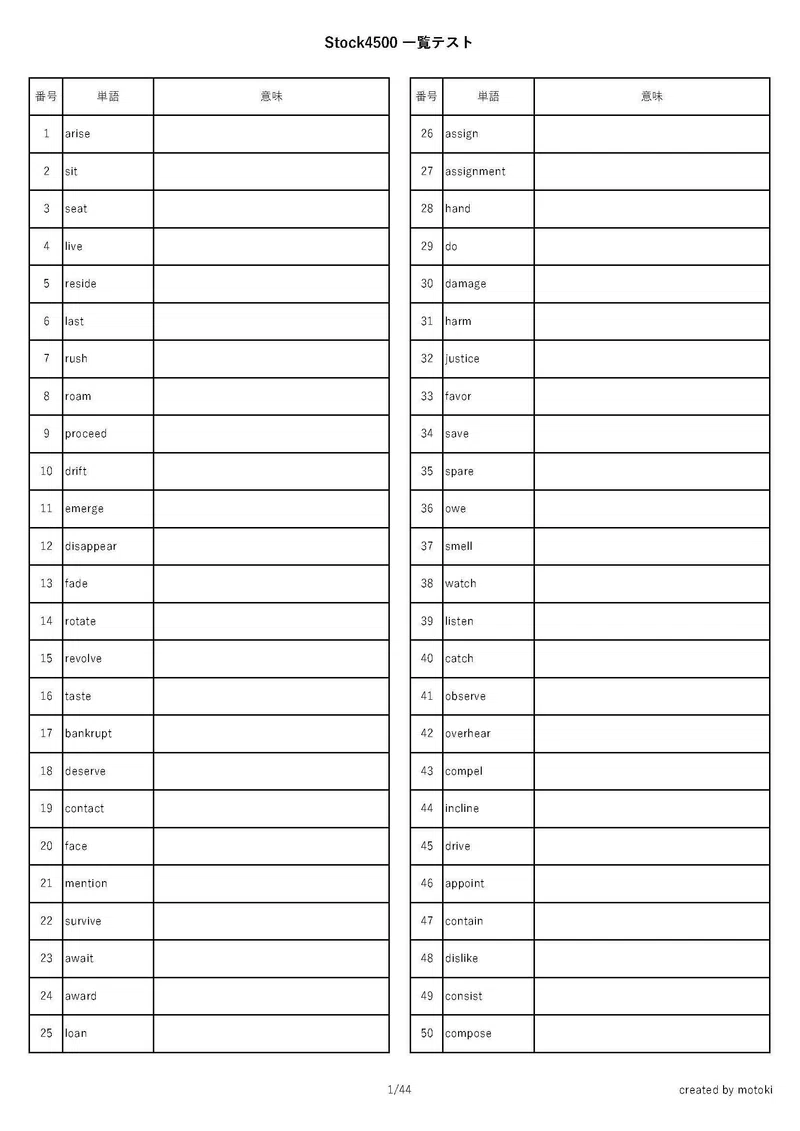 Stock4500 単語 一覧 リスト 単語テスト pdf データ｜motoki 教材データ販売