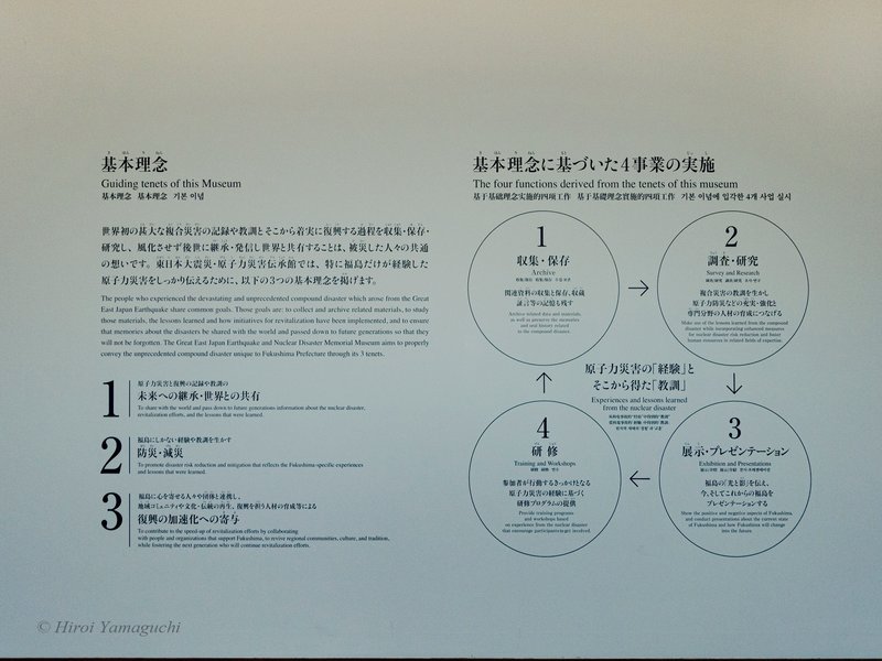 東日本大震災・原子力災害伝承館の基本理念が書かれています。1)原子力災害と復興の記録や教訓の「未来への継承・世界との共有」 2)福島にしかない原子力災害の経験や教訓を生かす「防災・減災」 3)福島に心を寄せる人々や団体と連携し、 地域コミュニティや文化・伝統の再生、復興を担う人材の育成等による 「復興の加速化への寄与」