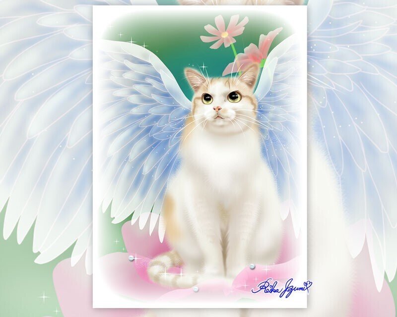 絵画 。壁掛け絵☆【猫ちゃんが丁寧に守ってくれる胡蝶蘭がもたらす幸せ】 絵画 。壁掛け絵☆【猫ちゃんが丁寧に守ってくれる胡蝶蘭が